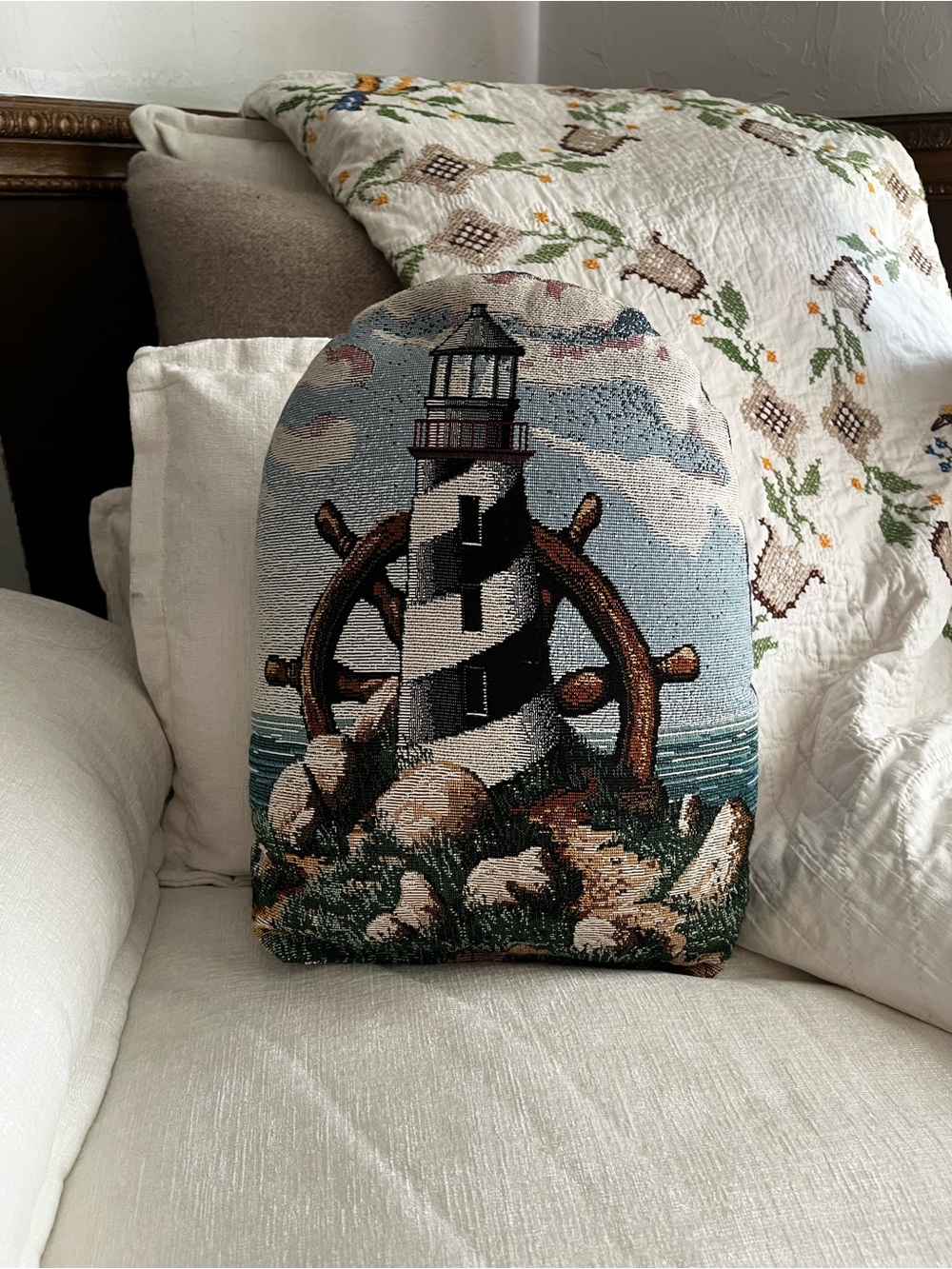 Nautical Lighthouse Tapestry Pillow.